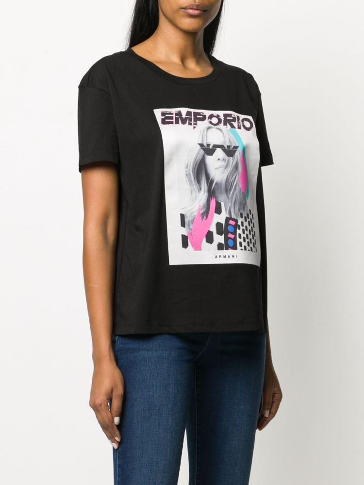 Black Women's Armani Emporio Logo Print T Shirts | AQJ2Y9F