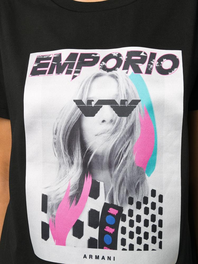 Black Women's Armani Emporio Logo Print T Shirts | AQJ2Y9F