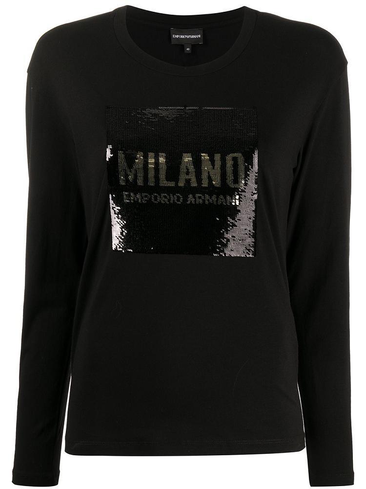 Black Women\'s Armani Emporio Sequinned Logo Tops | JCKCM4E