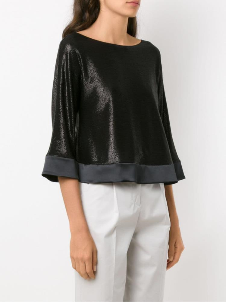 Black Women's Armani Emporio Shiny Boat Neck Blouse | SPZFCDG