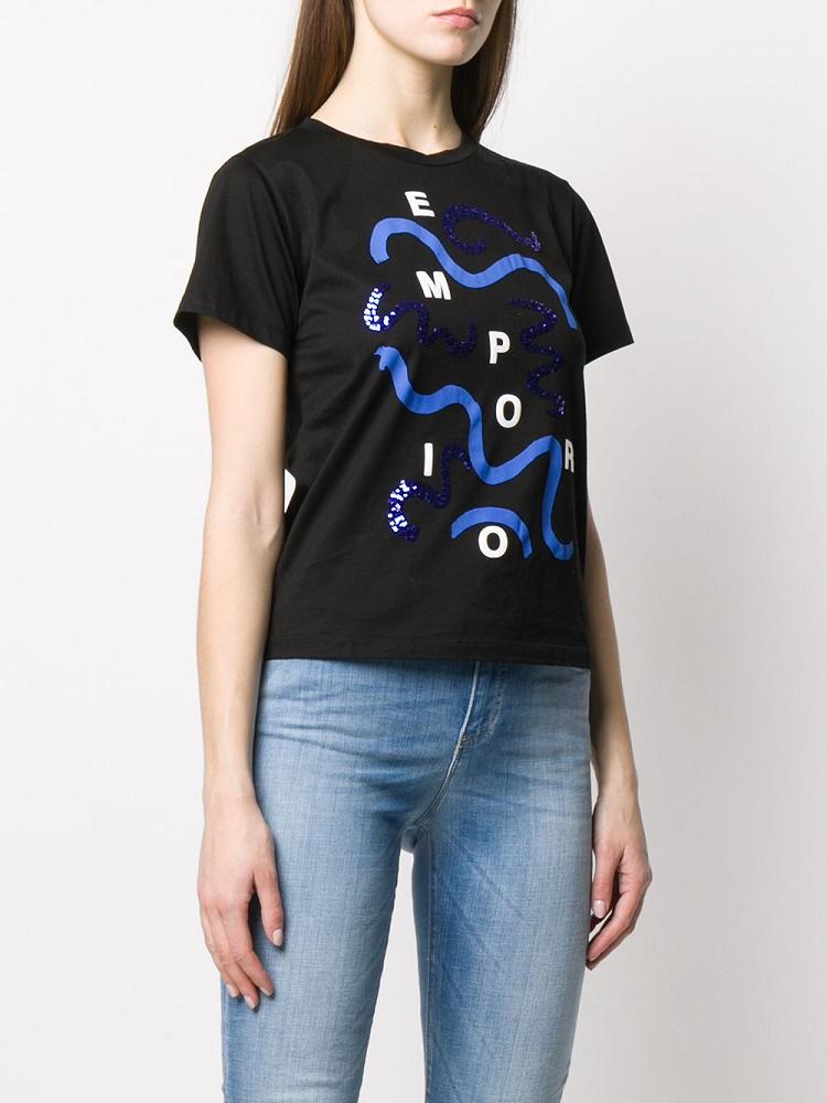 Black Women's Armani Emporio Wave Logo Print T Shirts | P5HVMWG