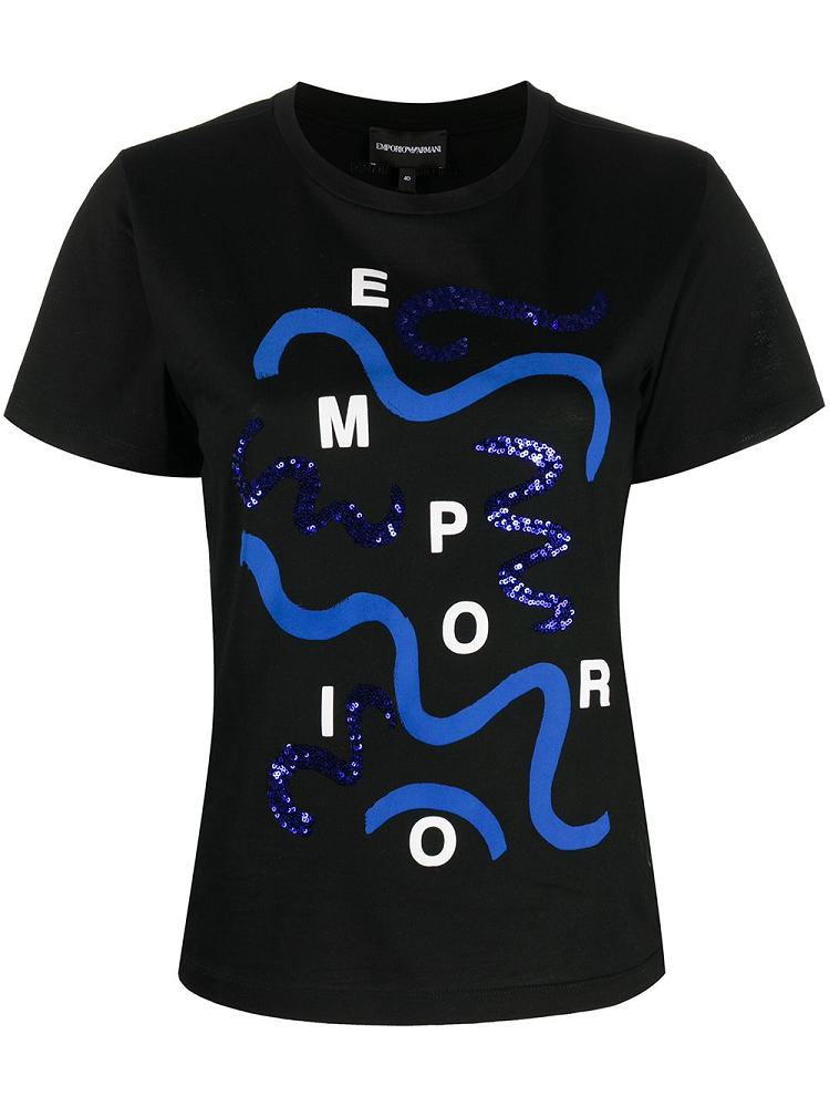 Black Women\'s Armani Emporio Wave Logo Print T Shirts | P5HVMWG