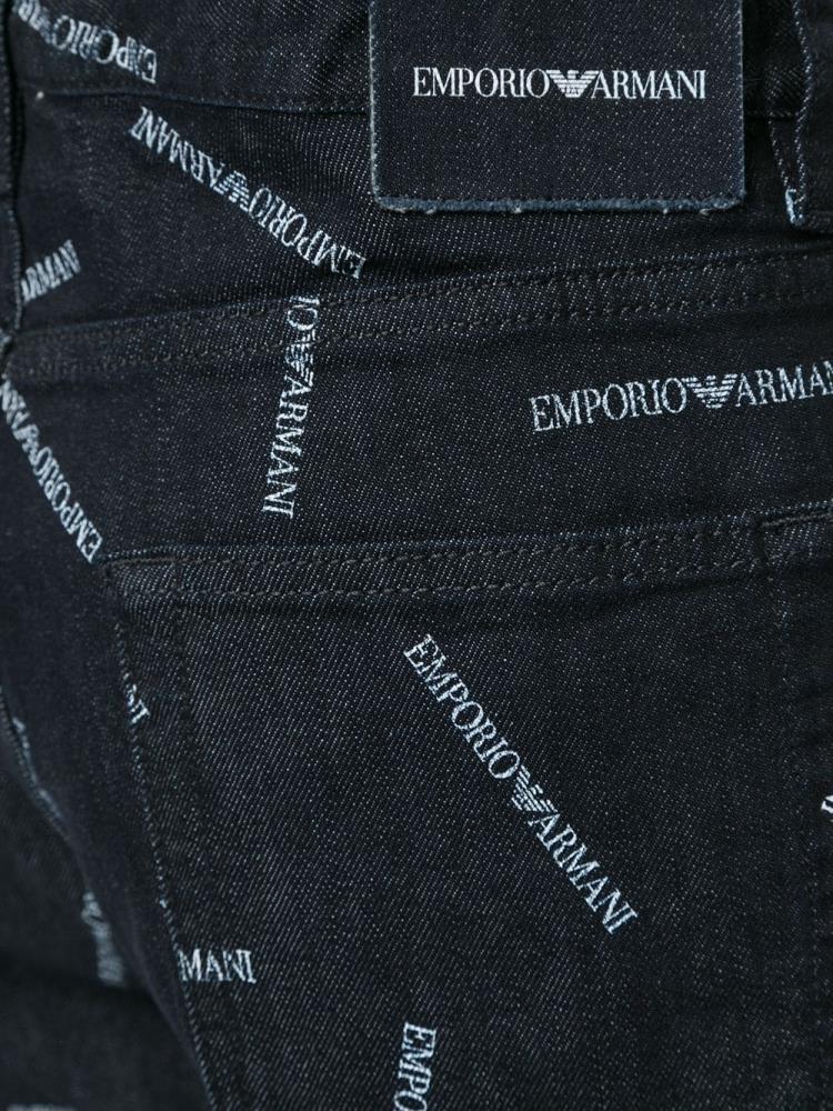 Blue Men's Armani Emporio All Over Logo Print Slim Fit Jeans | JO5NQFE