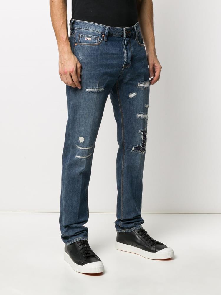 Blue Men's Armani Emporio Distressed Straight Jeans | 0NTUO6N