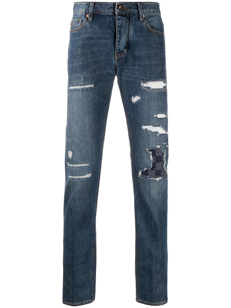 Blue Men\'s Armani Emporio Distressed Straight Jeans | 0NTUO6N