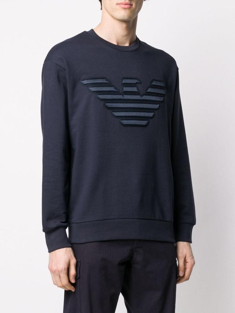 Blue Men's Armani Emporio Eagle Embroidered Round Neck Sweatshirts | GKJMAOZ