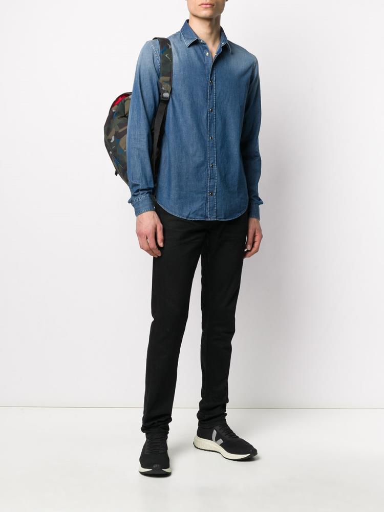 Blue Men's Armani Emporio Faded Denim Shirts | V8JMRAQ