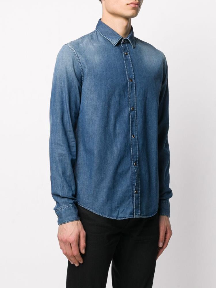 Blue Men's Armani Emporio Faded Denim Shirts | V8JMRAQ