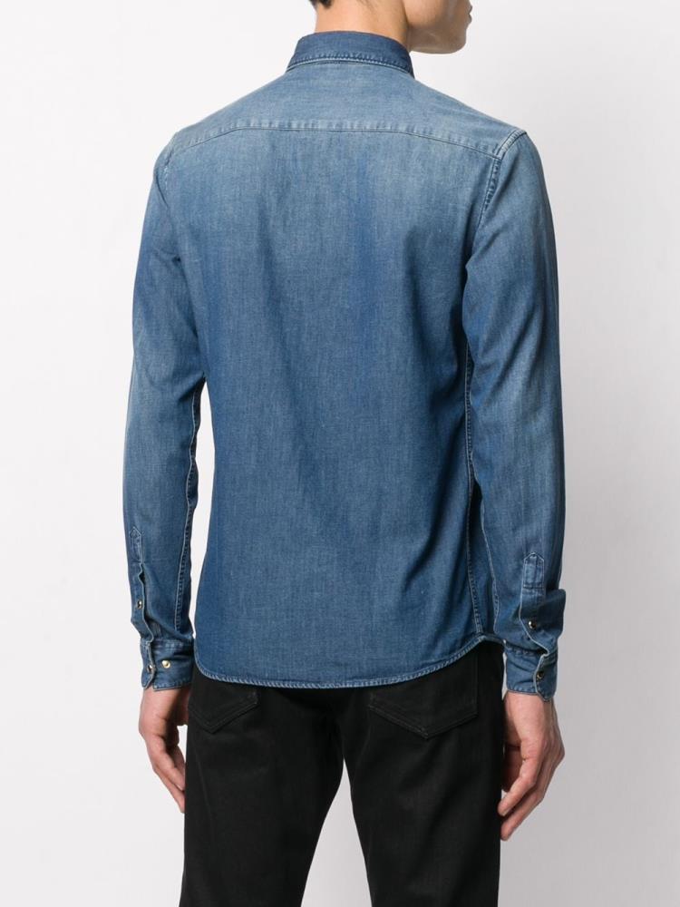 Blue Men's Armani Emporio Faded Denim Shirts | V8JMRAQ