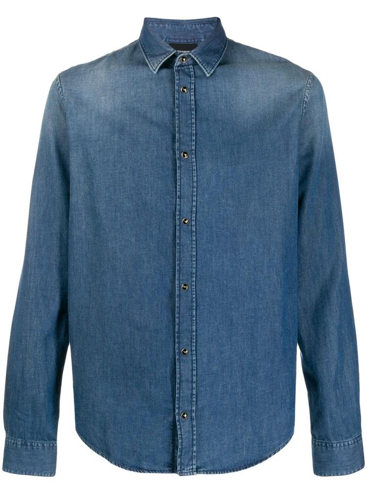 Blue Men\'s Armani Emporio Faded Denim Shirts | V8JMRAQ