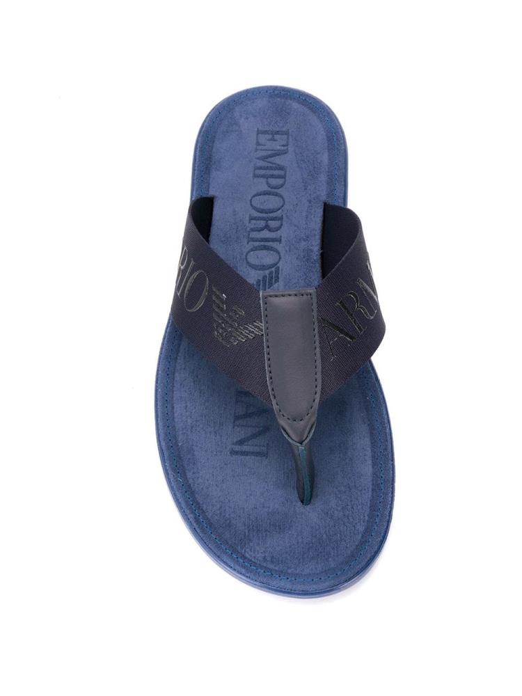 Blue Men's Armani Emporio Logo Bands Flip Flops | YU9D8MM