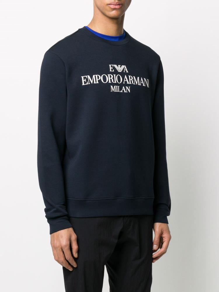 Blue Men's Armani Emporio Logo Print Crew Neck Sweatshirts | JQ79T9Z