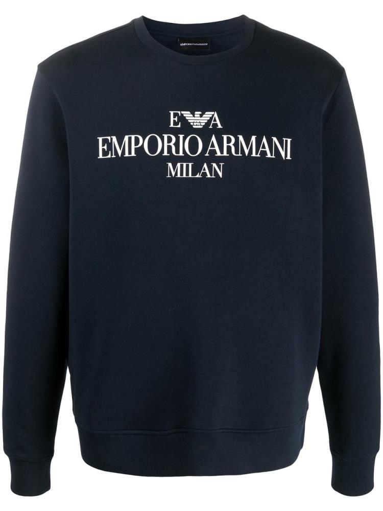 Blue Men\'s Armani Emporio Logo Print Crew Neck Sweatshirts | JQ79T9Z