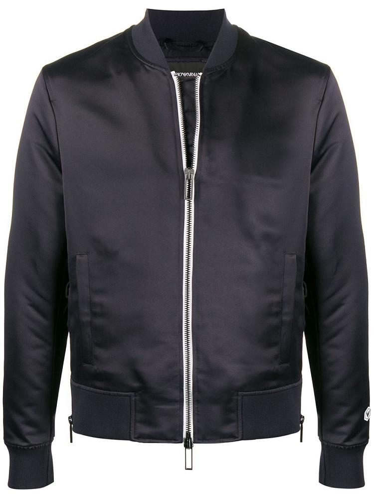 Blue Men\'s Armani Emporio Logo Zipped Bomber Jacket | 6794D32