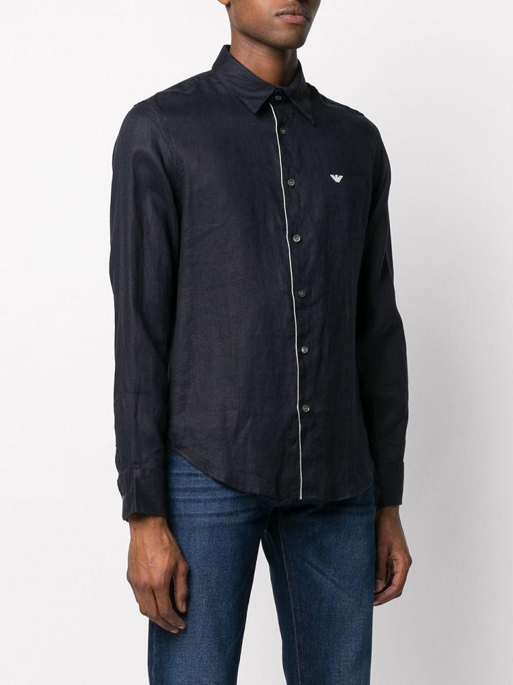 Blue Men's Armani Emporio Long Sleeve Linen Shirts | WN17198