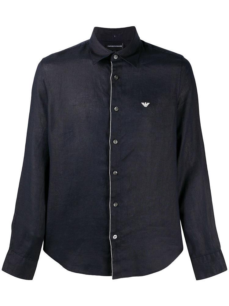 Blue Men\'s Armani Emporio Long Sleeve Linen Shirts | WN17198