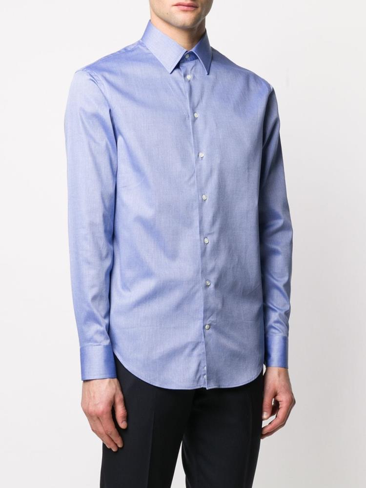 Blue Men's Armani Emporio Long Sleeve Fitted Shirts | XSURIFP