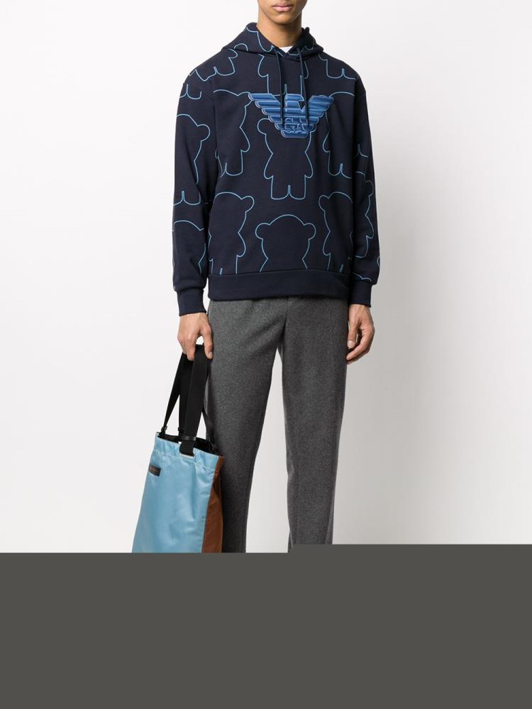 Blue Men's Armani Emporio Printed Logo Patch Hoodie | O5EZX8F