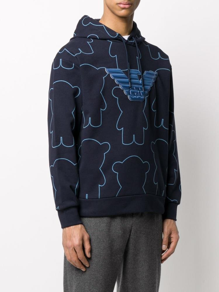 Blue Men's Armani Emporio Printed Logo Patch Hoodie | O5EZX8F