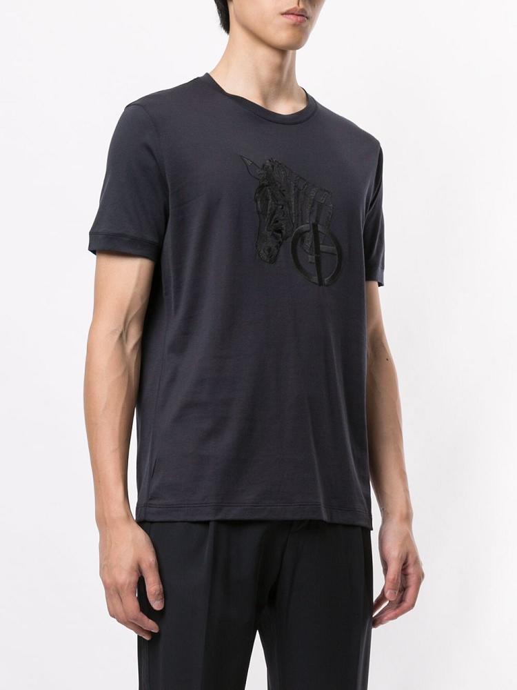 Blue Men's Giorgio Armani Embroidered T Shirts | M7HGCWJ