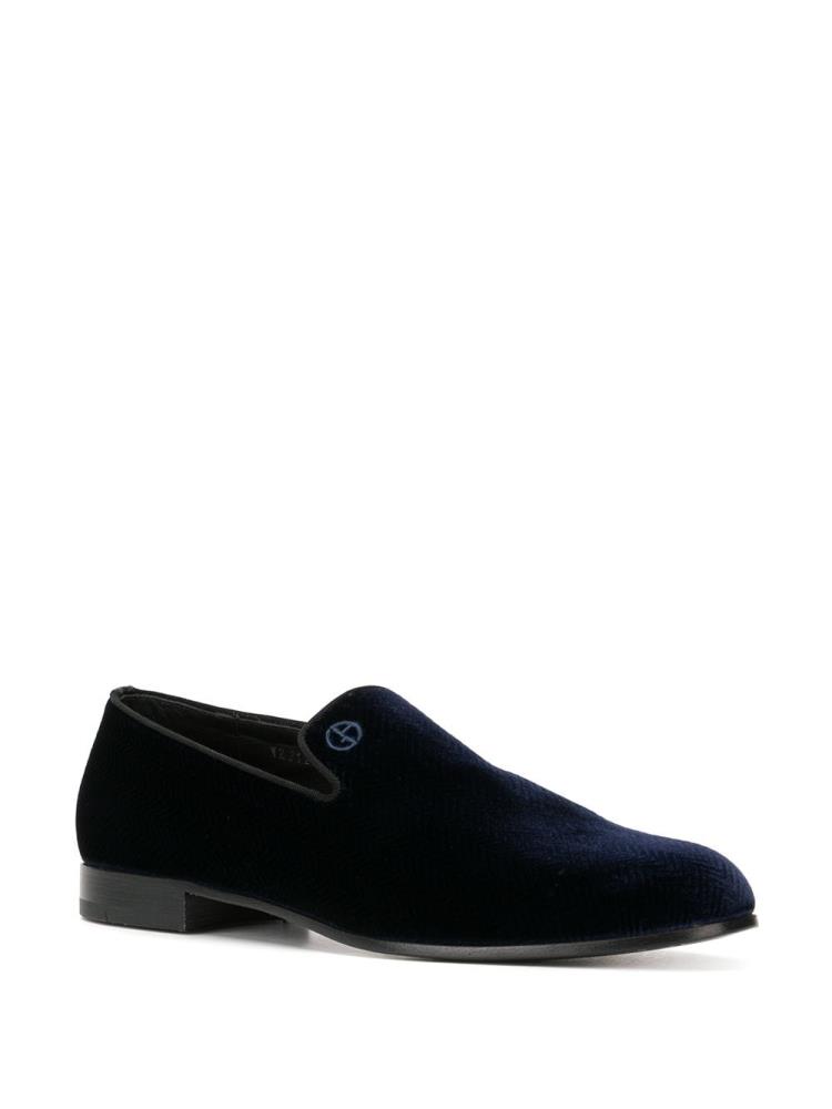 Blue Men's Giorgio Armani Velvet Logo Loafers | 8EFLEIB