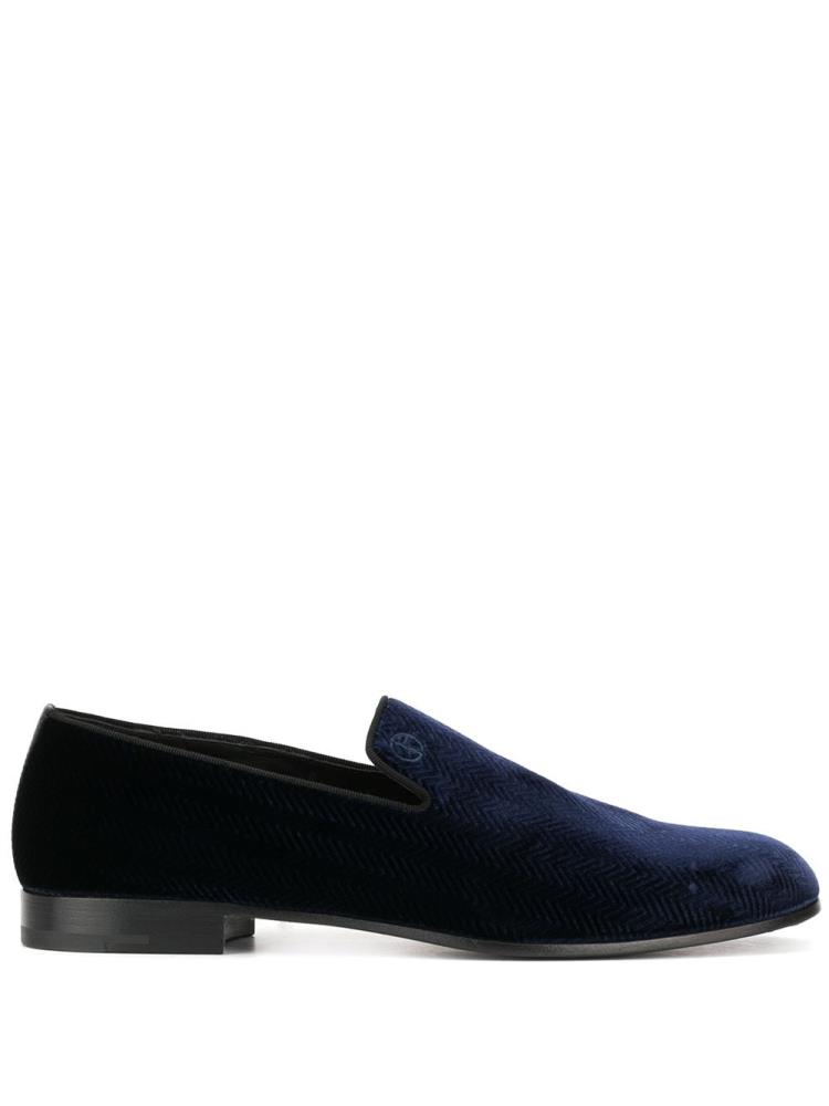 Blue Men\'s Giorgio Armani Velvet Logo Loafers | 8EFLEIB