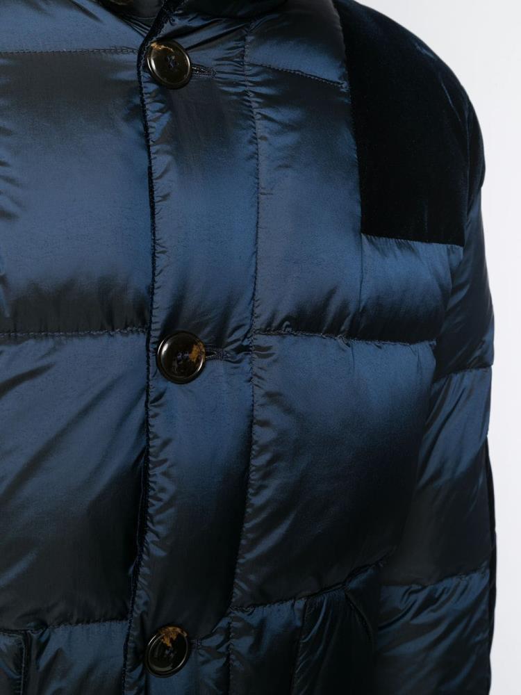 Blue Men's Giorgio Armani Velvet Panel Puffer Coat Coats | EE67PQJ