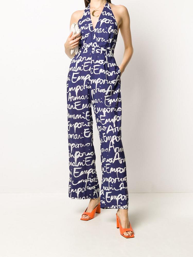 Blue / White Women's Armani Emporio Signature Logo Print Jumpsuit | 6F5JJUD