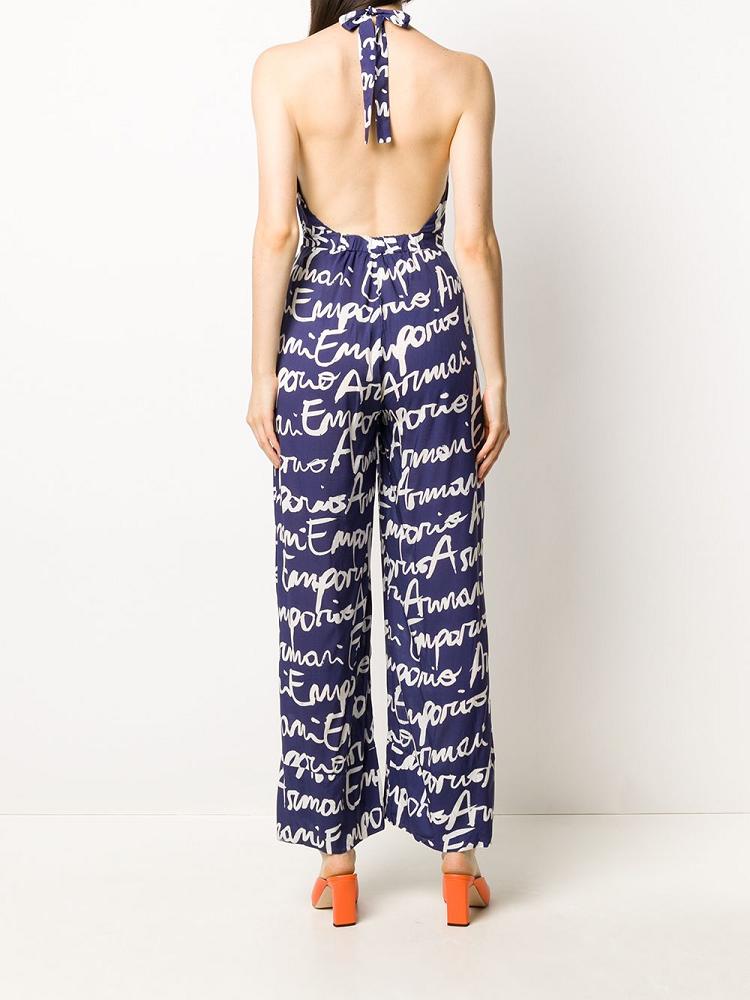 Blue / White Women's Armani Emporio Signature Logo Print Jumpsuit | 6F5JJUD