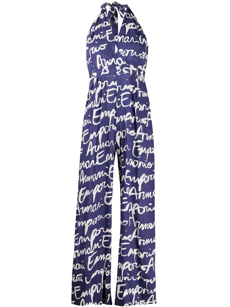 Blue / White Women\'s Armani Emporio Signature Logo Print Jumpsuit | 6F5JJUD