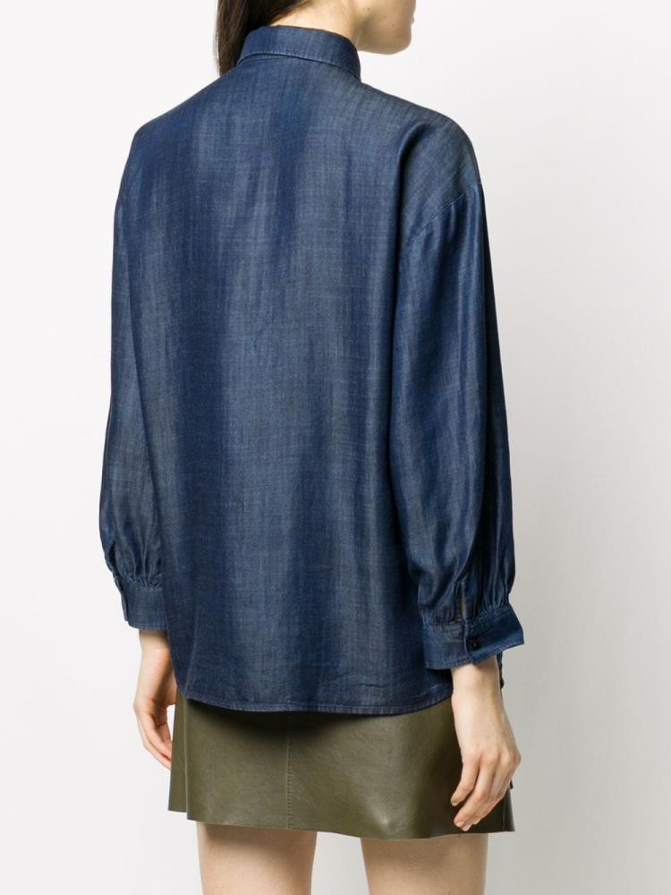 Blue Women's Armani Emporio Long Sleeve Denim Shirts | QI1U5YM