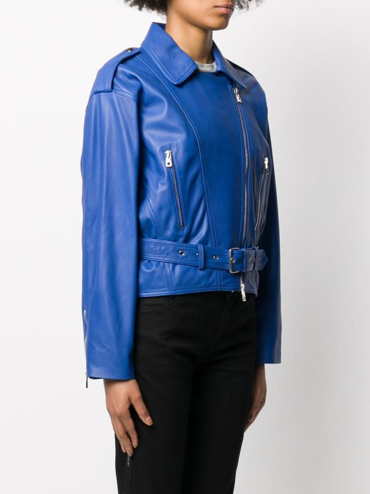 Blue Women's Armani Emporio Zipped Biker Jacket Jackets | V9EK3IU