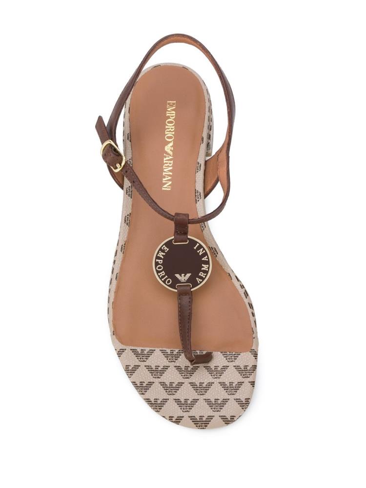 Brown Women's Armani Emporio Logo Plaque T Bar Sandals | 8DH1BYT