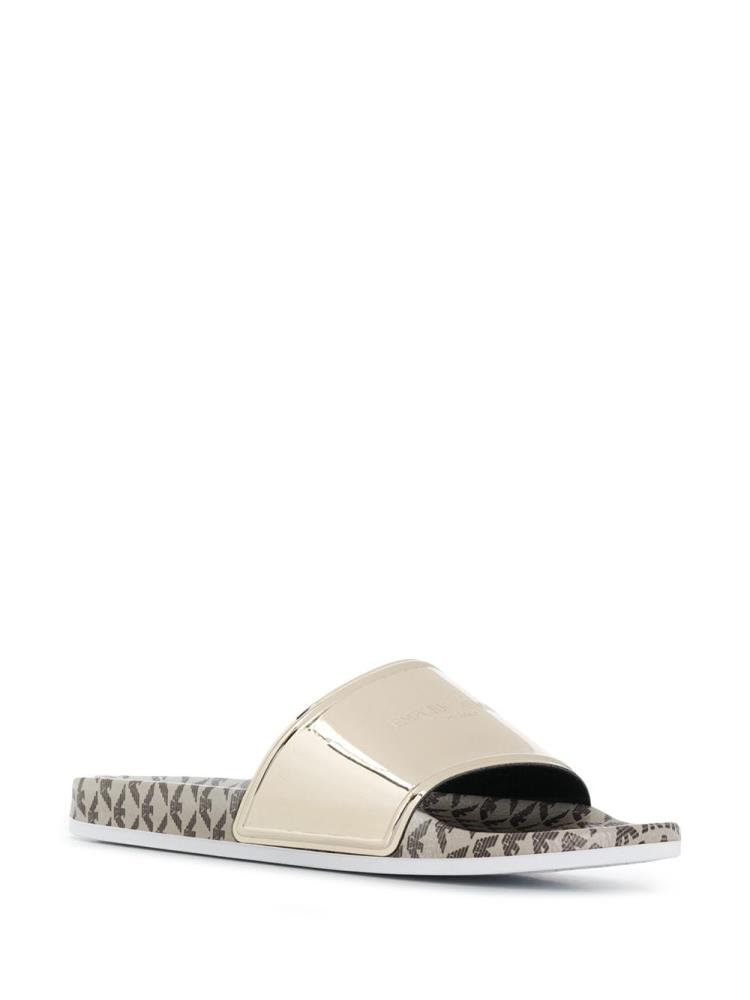 Gold Women's Armani Emporio Logo Print Metallic Slides | F3ZX3JF