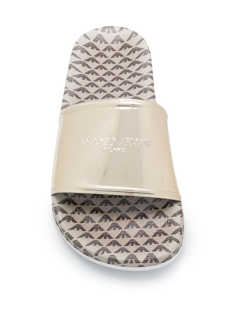 Gold Women's Armani Emporio Logo Print Metallic Slides | F3ZX3JF