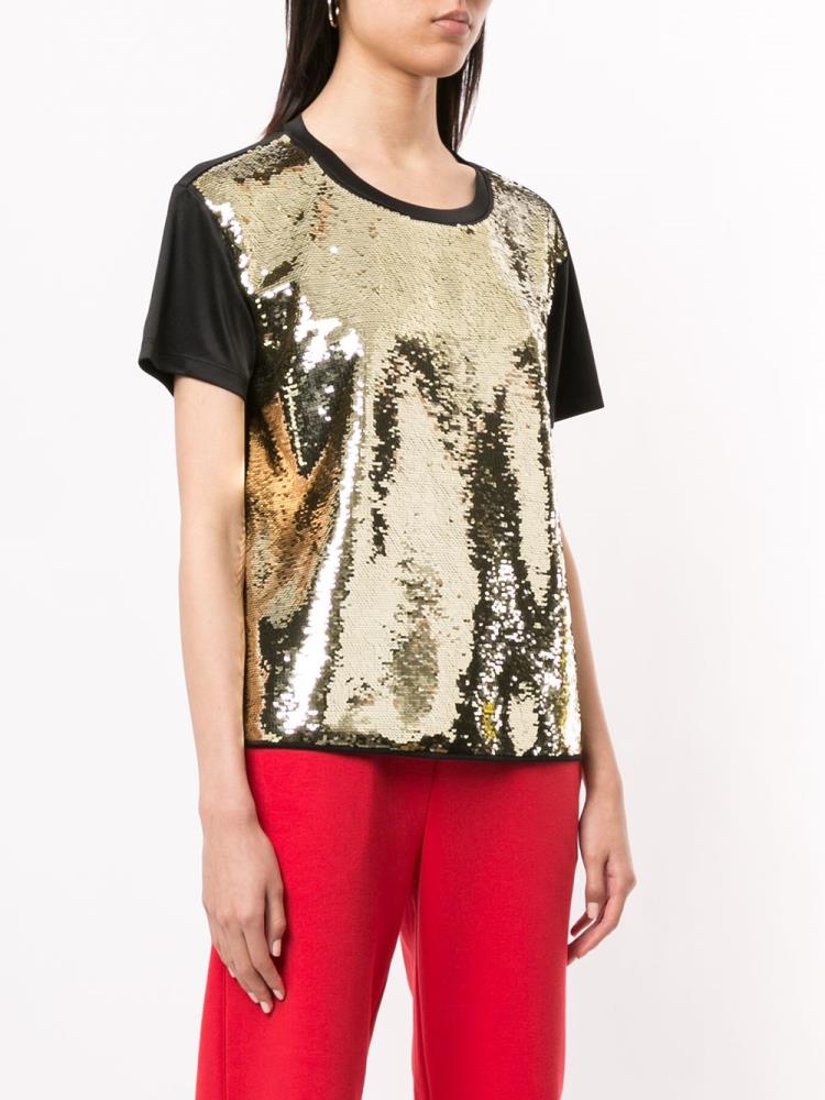 Gold Women's Armani Emporio Sequin Embellished Front T Shirts | ONCVFU1