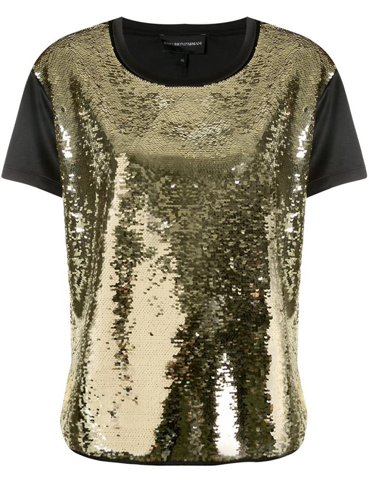 Gold Women\'s Armani Emporio Sequin Embellished Front T Shirts | ONCVFU1