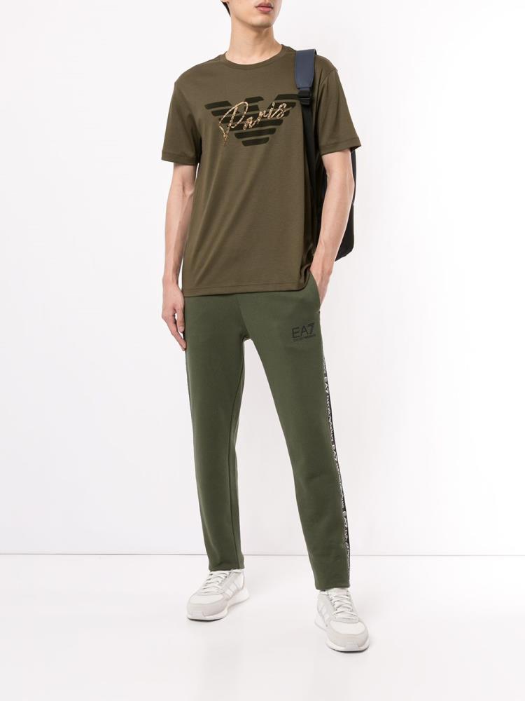 Green Men's Armani Emporio Paris Velvet Logo Embellished T Shirts | RZMECHL