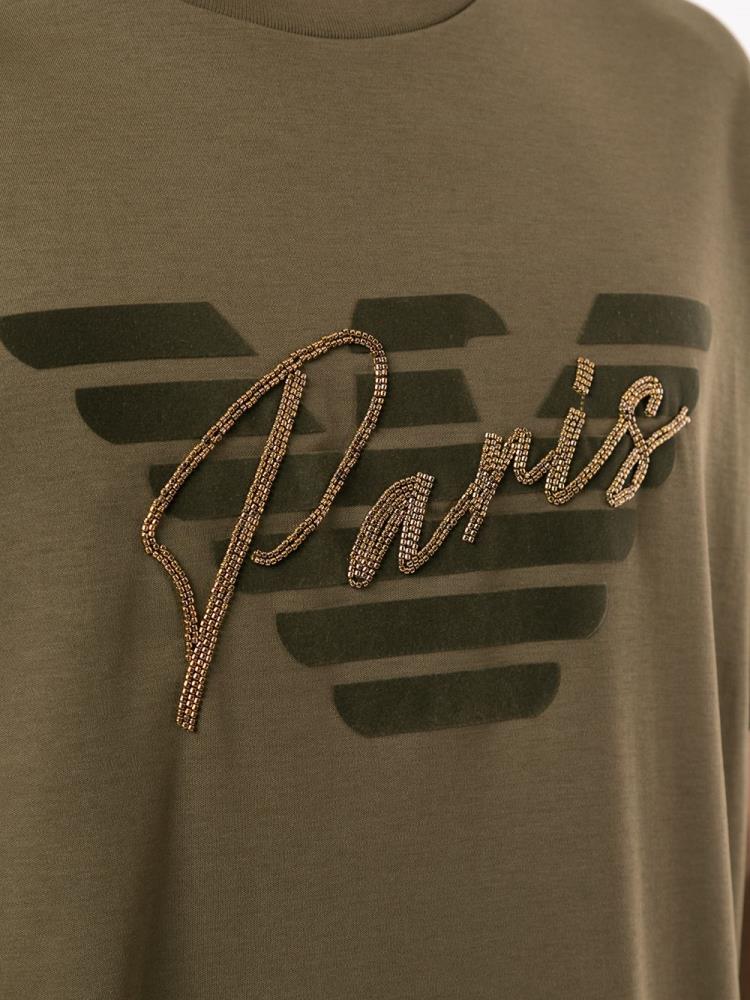 Green Men's Armani Emporio Paris Velvet Logo Embellished T Shirts | RZMECHL