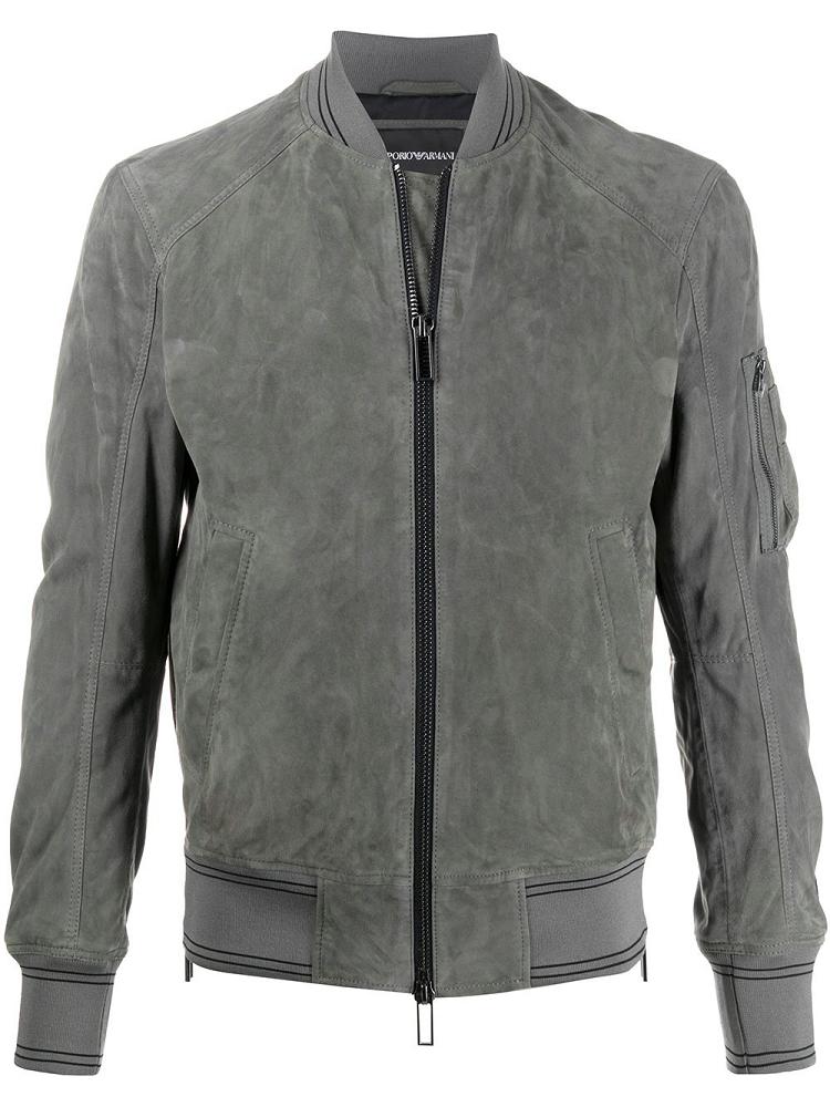 Grey Men\'s Armani Emporio Leather Bomber Jacket | ITDYONK