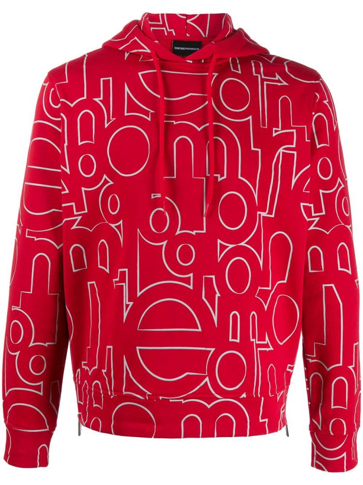 Red Men\'s Armani Emporio All Over Logo Hoodie | XLNDOG1