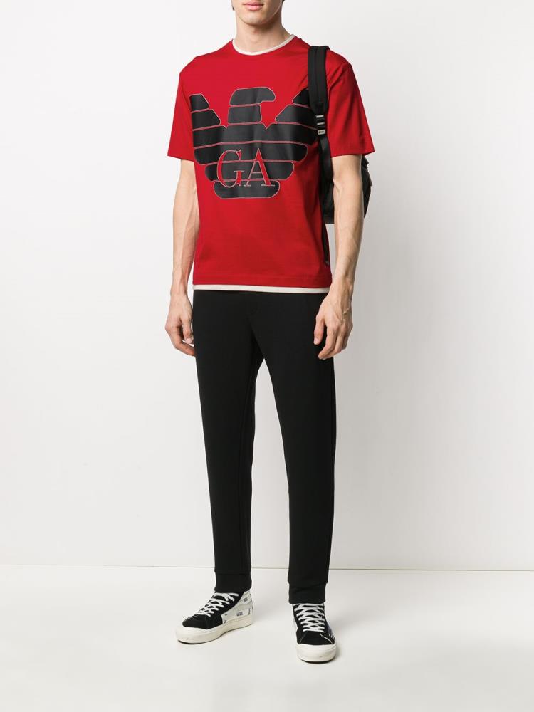 Red Men's Armani Emporio Logo Crew Neck T Shirts | CAXZPKL