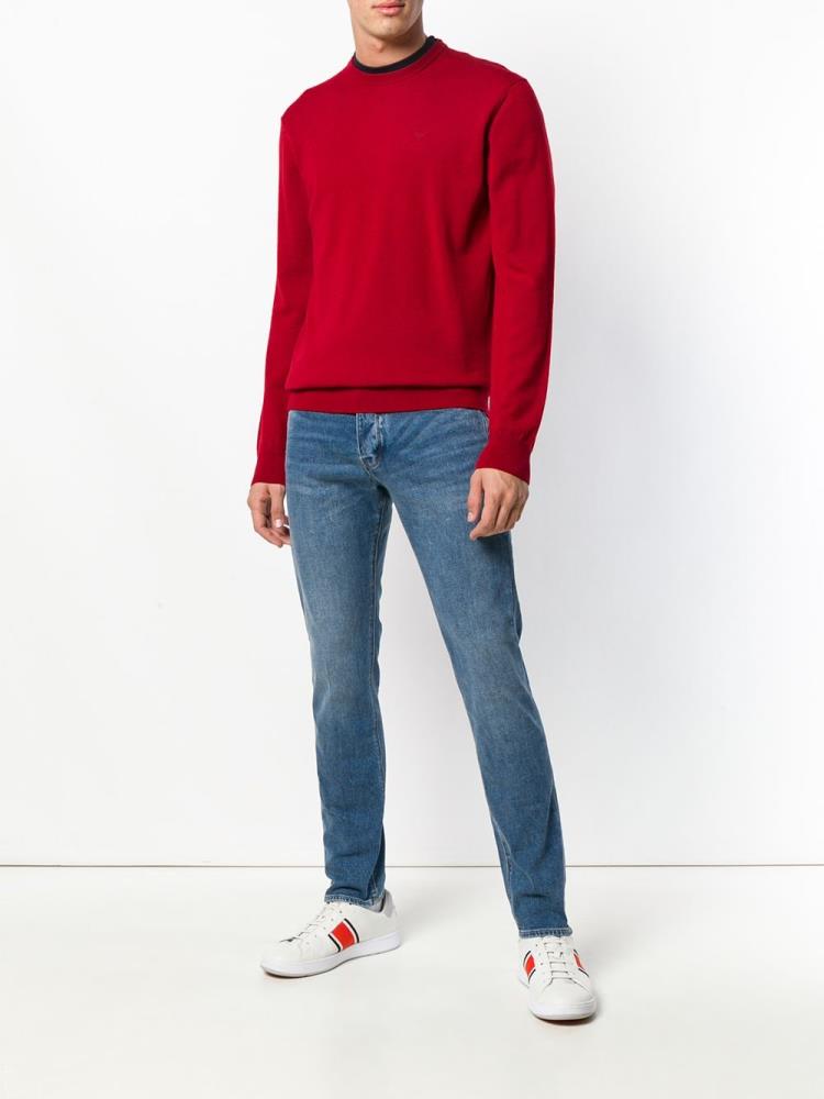 Red Men's Armani Emporio Logo Embroidered Sweaters | RSG013J