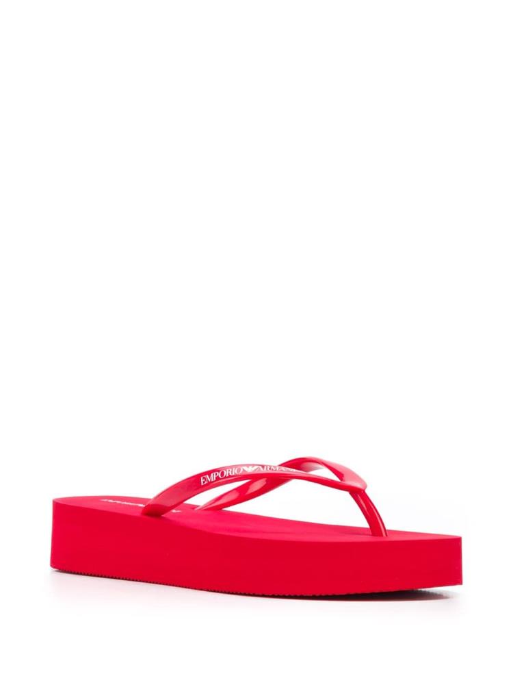 Red Women's Armani Emporio Logo Print Platform Flip Flops | 4XYFPY7