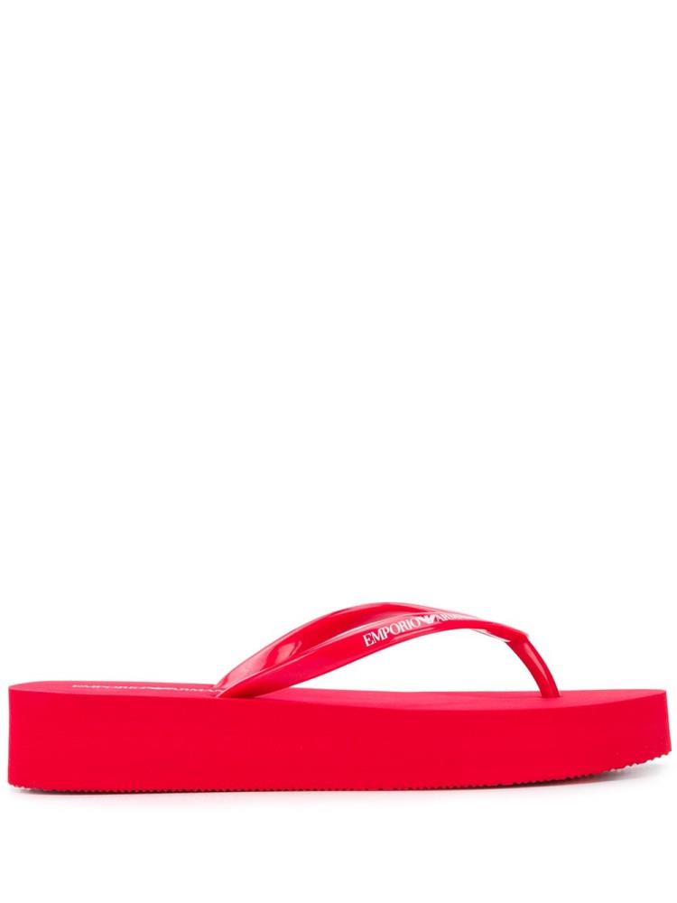 Red Women\'s Armani Emporio Logo Print Platform Flip Flops | 4XYFPY7