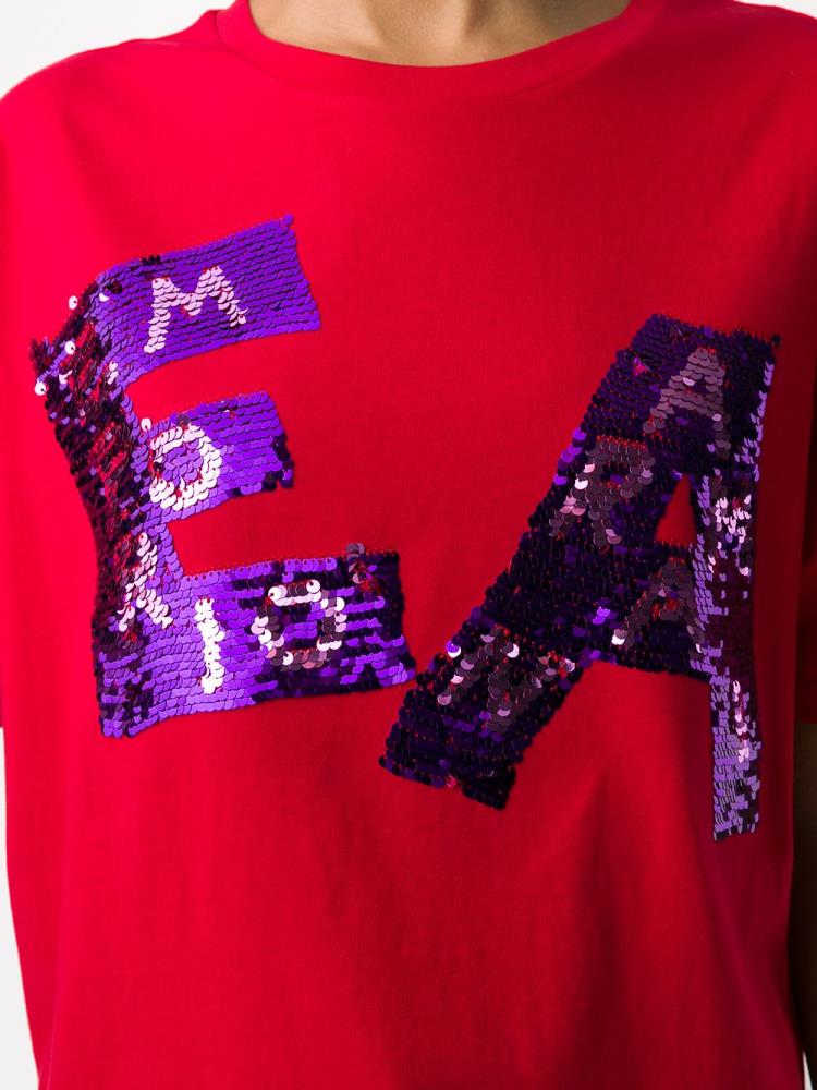 Red Women's Armani Emporio Sequined Logo T Shirts | AUFXRRB