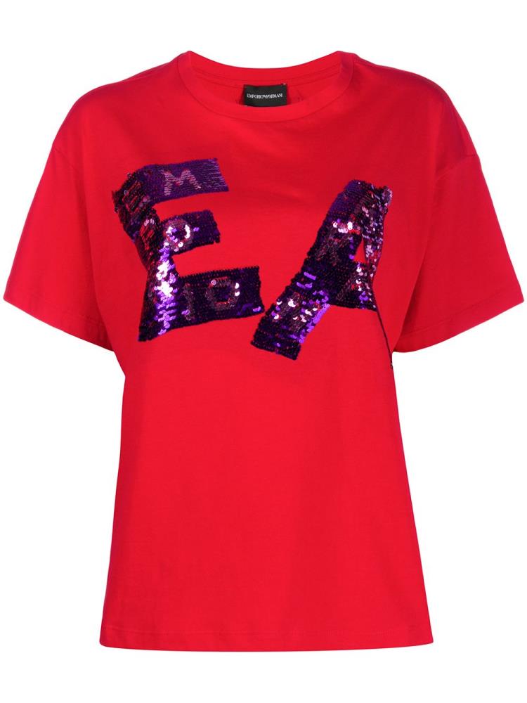 Red Women\'s Armani Emporio Sequined Logo T Shirts | AUFXRRB