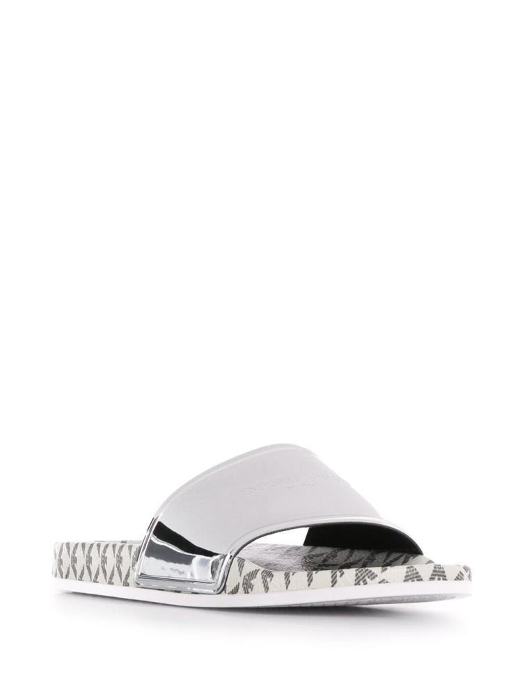 Silver Women's Armani Emporio Logo Print Flat Slides | LV8GI0W