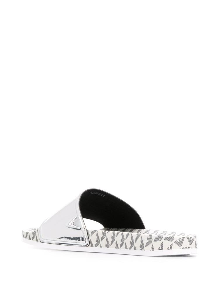 Silver Women's Armani Emporio Logo Print Flat Slides | LV8GI0W