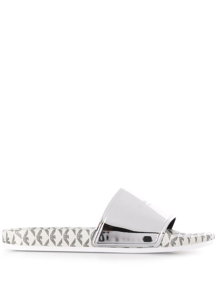 Silver Women\'s Armani Emporio Logo Print Flat Slides | LV8GI0W